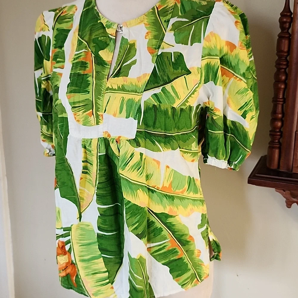 Cynthia Rowley Tropical Print Linen Blend Blouse M - Picture 2 of 11
